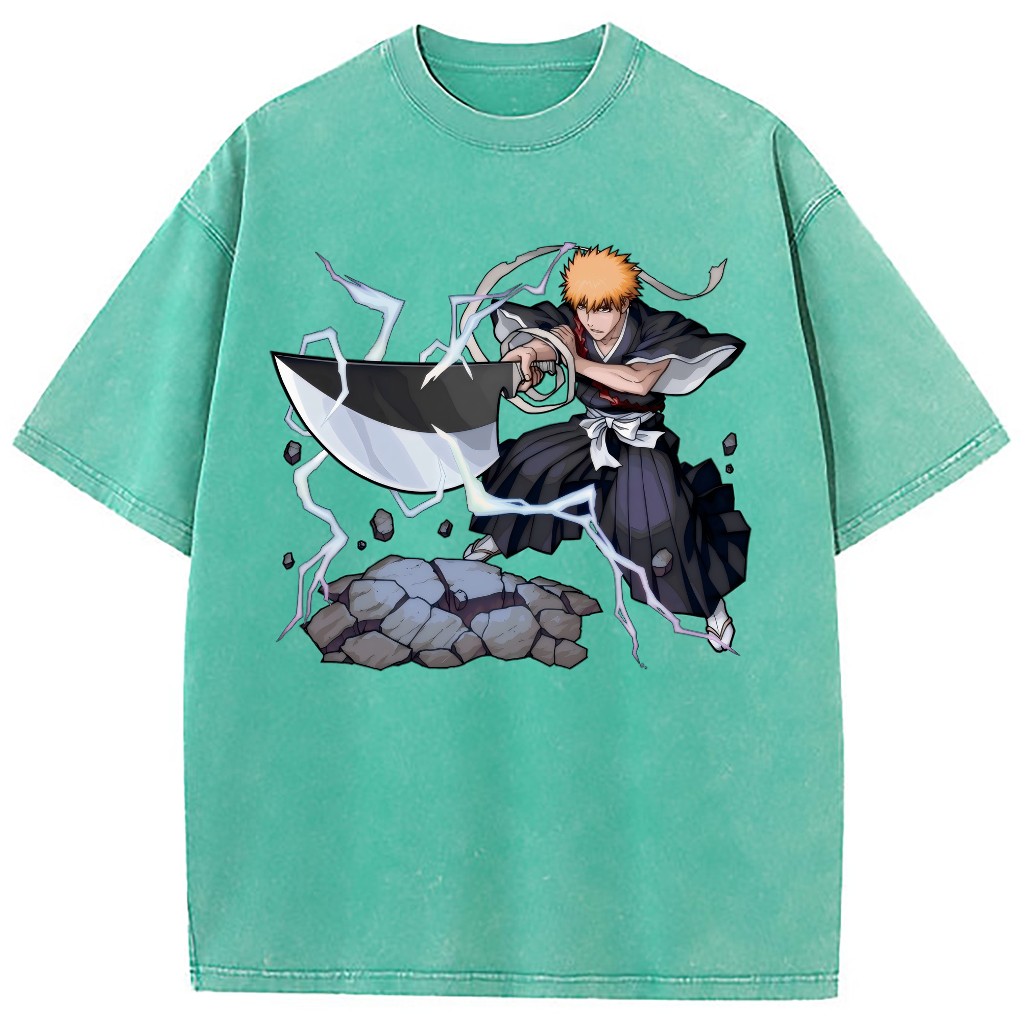 （画像用） ブリーチ 黒崎一護（くろさき いちご）BLEACH Kurosaki Ichigo 綿100% ヴィンテージ風 半袖Tシャツ（フロントプリント）